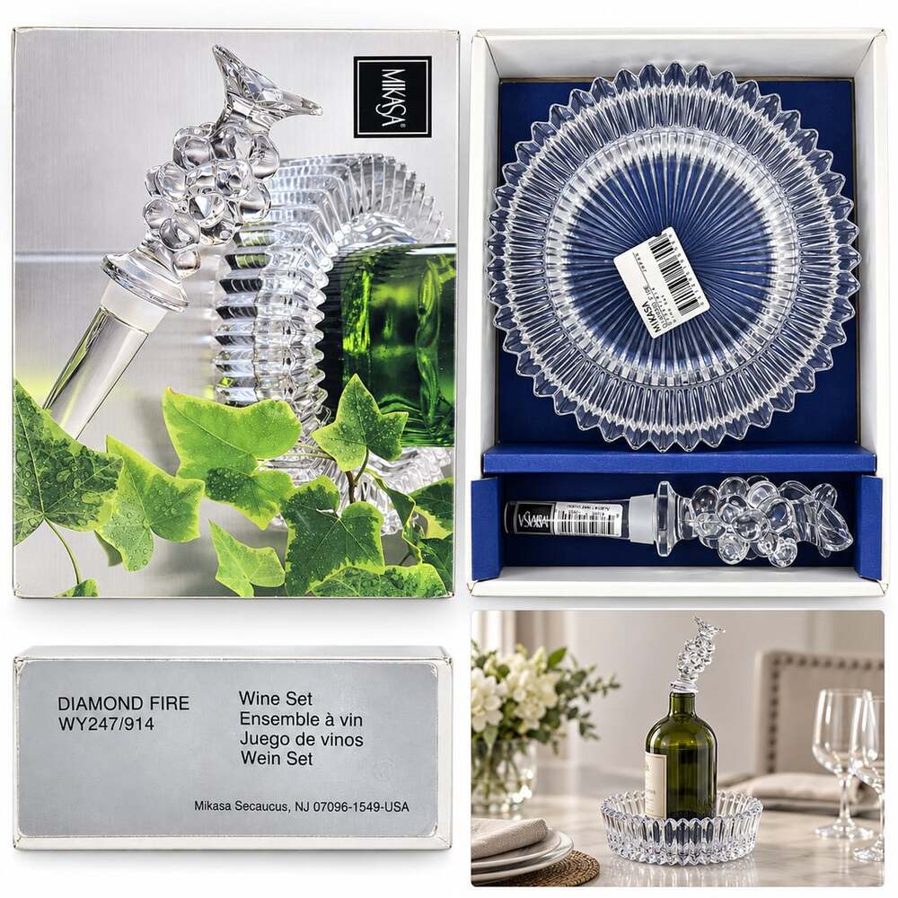 Mikasa Diamond Fire Wine Set WY247/914 Crystal Coaster and Stopper